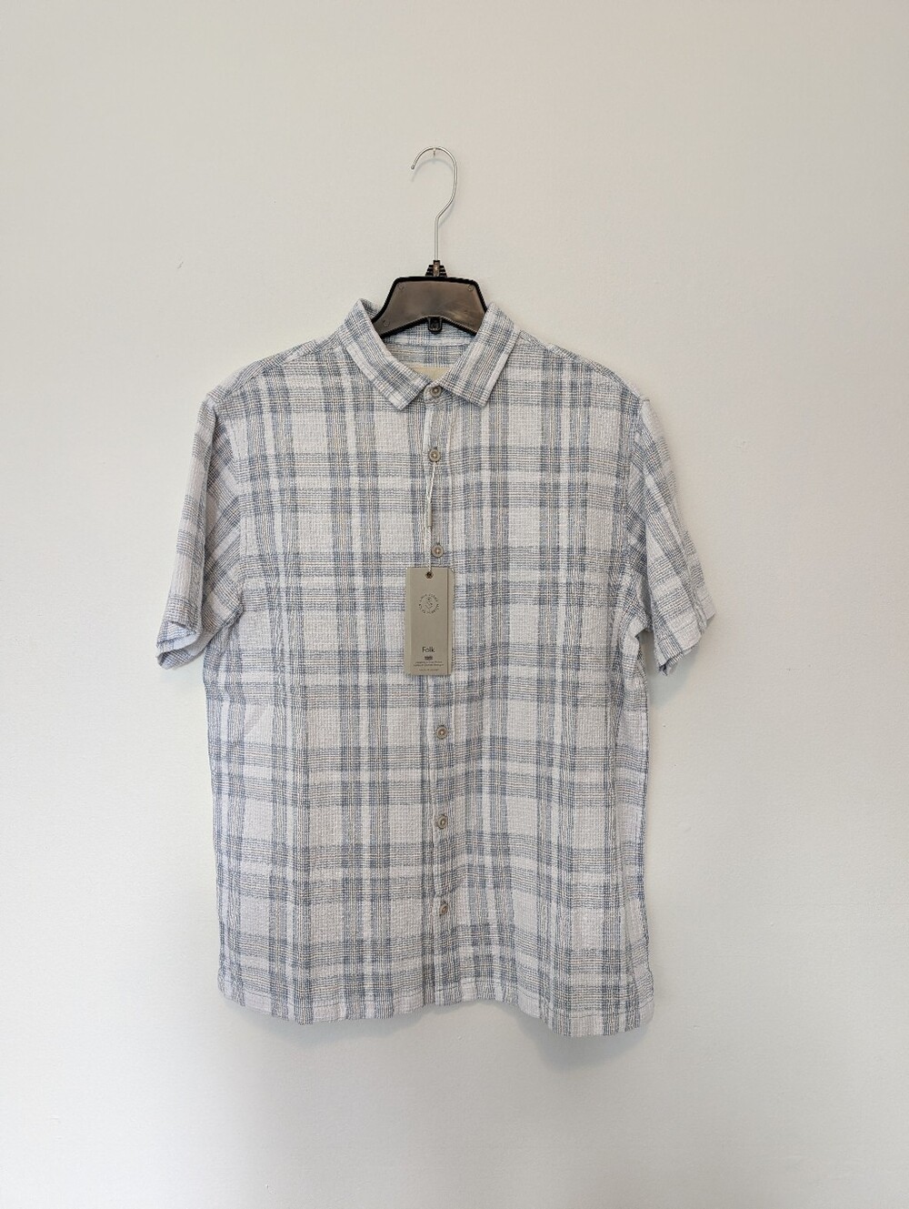NWT Folk Clothing Curtis Short Sleeve Shirt Plaid Linen Blend Blue White M